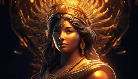 A regal figure adorned with a luminous crown and golden adornments enchants the viewer.の素材