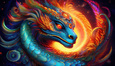 A stunning dragon showcases fiery colors against a cosmic backdrop, radiating magic and power.の素材