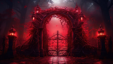 A vibrant, glowing gate framed by twisted vines invites exploration in a shadowy forest.の素材
