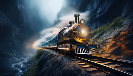 A steam locomotive travels through a mystical canyon shrouded in fog, evoking wonder and adventure.の素材