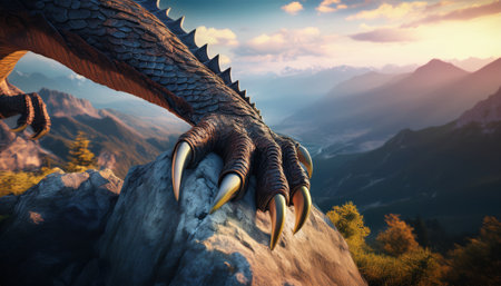 A formidable dragon rests its claw upon a rugged mountain top as dawn breaks, casting golden light.の素材