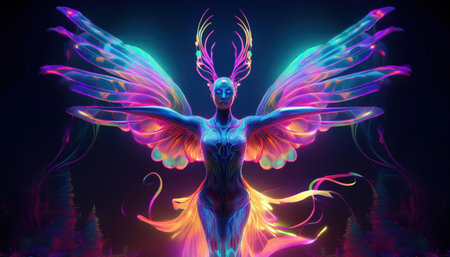 A radiant creature with intricate wings mesmerizes in a mystical, colorful landscape.の素材