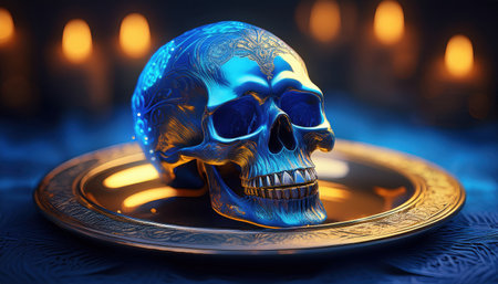 A captivating blue skull adorned with intricate designs gleams on a gold plate.の素材