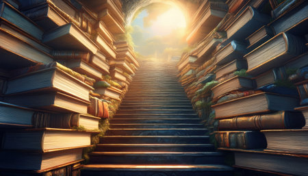 Stunning stairs flanked by towering books lead to a bright horizon of endless possibilities.の素材