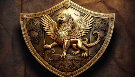 A vivid golden griffin emblem stands proudly, radiating power and fantasy amidst ancient textures.の素材