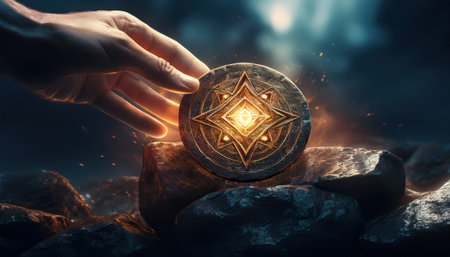 A hand reaches out to grasp a glowing compass amidst ancient stones, revealing secrets of magic.の素材