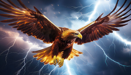 A powerful eagle with glowing feathers glides through dark storm clouds as lightning strikes around.の素材