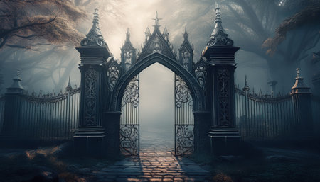 Mysterious gates stand ajar, inviting exploration into a shadowy fantasy landscape cloaked in fog.の素材