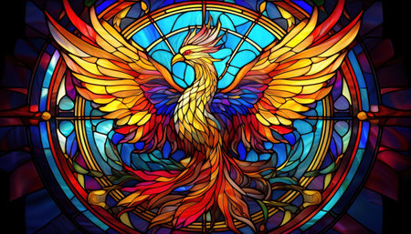 A vibrant phoenix emerges in a mystical setting, adorned with intricate designs.の素材