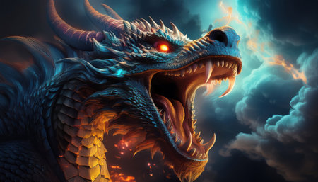A fierce dragon unleashes a powerful roar as lightning strikes, revealing its majestic form.の素材