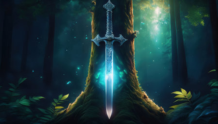 In an enchanted forest, a glowing sword shines with magic at the base of a tall tree.の素材