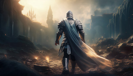 Armored figure ventures through enchanting ruins, discovering ancient magic and luminous trails.の素材