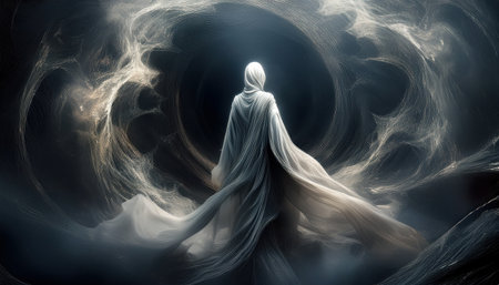A figure in flowing garments stands before a swirling vortex, embracing magic and mystery.の素材