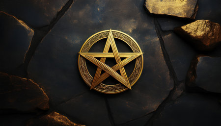Golden pentagram on a rugged stone surface evokes a mystical realm filled with vibrant energy.の素材