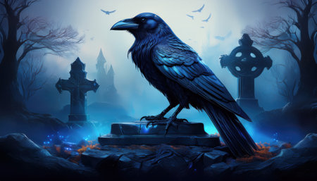 A proud raven perches on a tomb amid ancient gravestones in a dusk graveyard.の素材