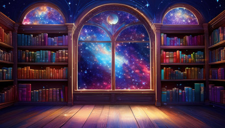 Enchanting library reveals a breathtaking cosmic landscape filled with stars and colors.の素材