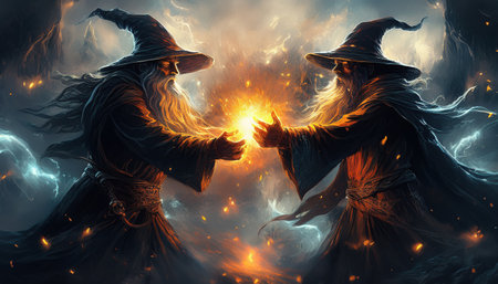 Wizards duel as orbs of energy swirl in a mystical scene.の素材