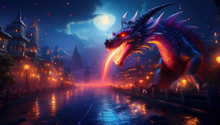 A colossal dragon unleashes a fiery breath over a sparkling cityscape illuminated by lanterns.の素材