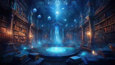 A vibrant library boasts tall shelves of ancient books under glowing orbs, inviting exploration.の素材