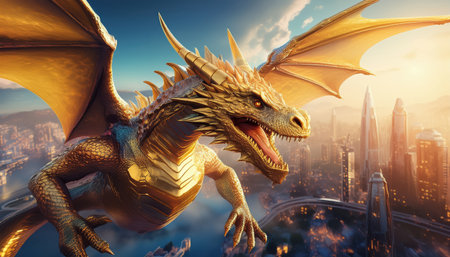 A glittering dragon flies high above a magical cityscape bathed in warm sunset hues.の素材