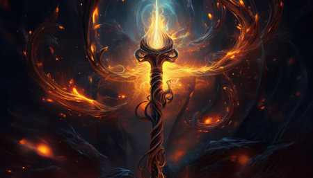 A mystical staff radiates vibrant energy amid swirling flames in an enchanted fantasy realm.の素材