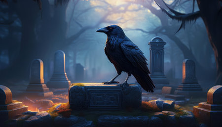 A mystical raven stands atop a stone monument as shadows dance through a fog covered graveyard.の素材