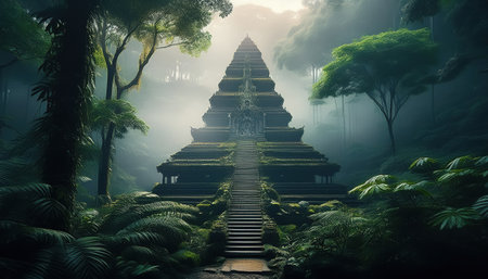 A grand temple stands tall in a dense forest, surrounded by vibrant foliage and soft mist.の素材