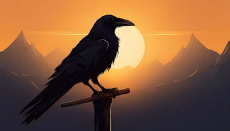 A raven perches on a post as the sun sets behind the colorful mountains.の素材