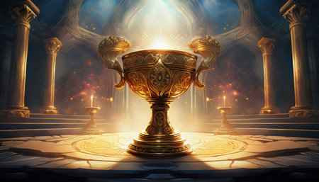 A radiant golden chalice stands at the center of an ancient temple, glowing with magical energy.の素材