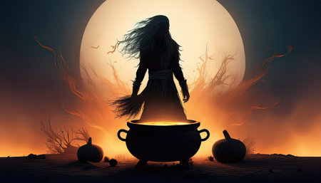 A sorceress casts magic over a bubbling cauldron, illuminated by the full moon.の素材