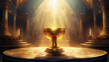 A golden chalice at the temples center glows brightly among ancient pillars.の素材