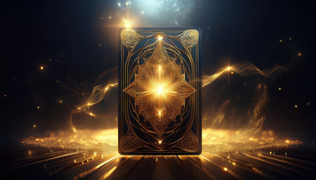 A golden card glows with energy in a magical realm filled with swirling lights.の素材