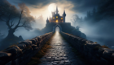 A mystical castle looms behind eerie trees, glowing under a bright moon in a dreamlike scene.の素材