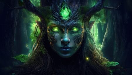 A majestic figure in a vibrant forest glows with magic and wears natures armor.の素材