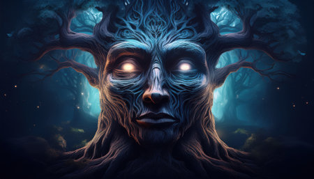 A mystical face glows from twisted tree roots in a magical forest.の素材