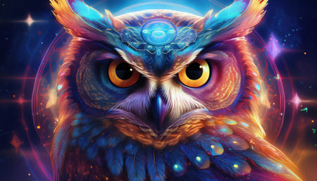 A vibrant owl peers ahead, enveloped in cosmic energy and enchanting symbols of wonder.の素材