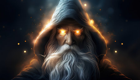 An ancient sorcerer with glowing eyes conjures magic under a twilight sky, surrounded by light.の素材