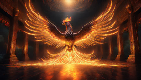 A fiery phoenix spreads its wings, lighting up a magical, enchanting scene.の素材