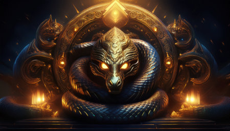 A vibrant serpent guardian coils around glowing relics, lighting up a mystical space.の素材