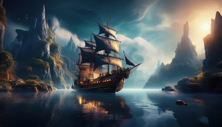 A majestic ship glides through enchanted waters, surrounded by cliffs under twilights glow.の素材