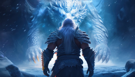 A strong figure confronts a majestic ice dragon in an epic clash of magic and power.の素材