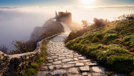 A winding stone path leads adventurers to an ancient castle shrouded in fog at sunrise.の素材