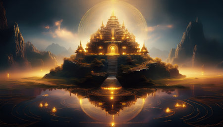 A stunning castle shines above a serene lake, flanked by majestic mountains and bright lights.の素材