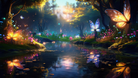 Enchanted forest glows with colorful butterflies while flowers bloom by the sparkling water.の素材