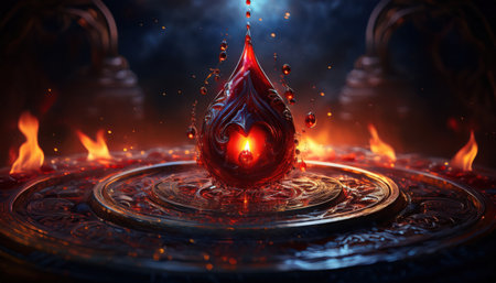 A vibrant droplet of magic hovers above a surface, glowing with fiery colors and energy.の素材