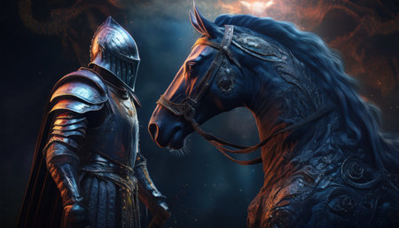 A valiant knight clad in shining armor meets a magical horse, surrounded by an awe inspiring glow.の素材