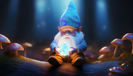 A serene gnome lovingly holds a glowing crystal surrounded by colorful mushrooms in dusk.の素材