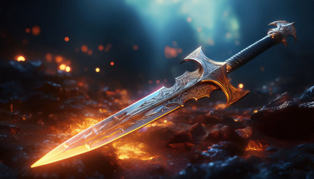 A glowing sword rests on a landscape of shimmering embers in a magical realm.の素材