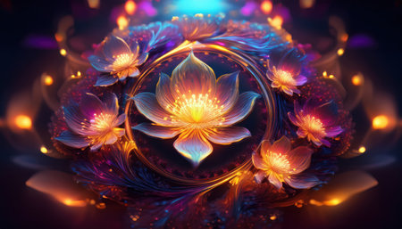 A radiant display of glowing flowers surrounded by enchanting lights in a mystical realmの素材