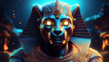 A majestic cat with glowing eyes watches over a vibrant, relic filled fantasy landscape.の素材